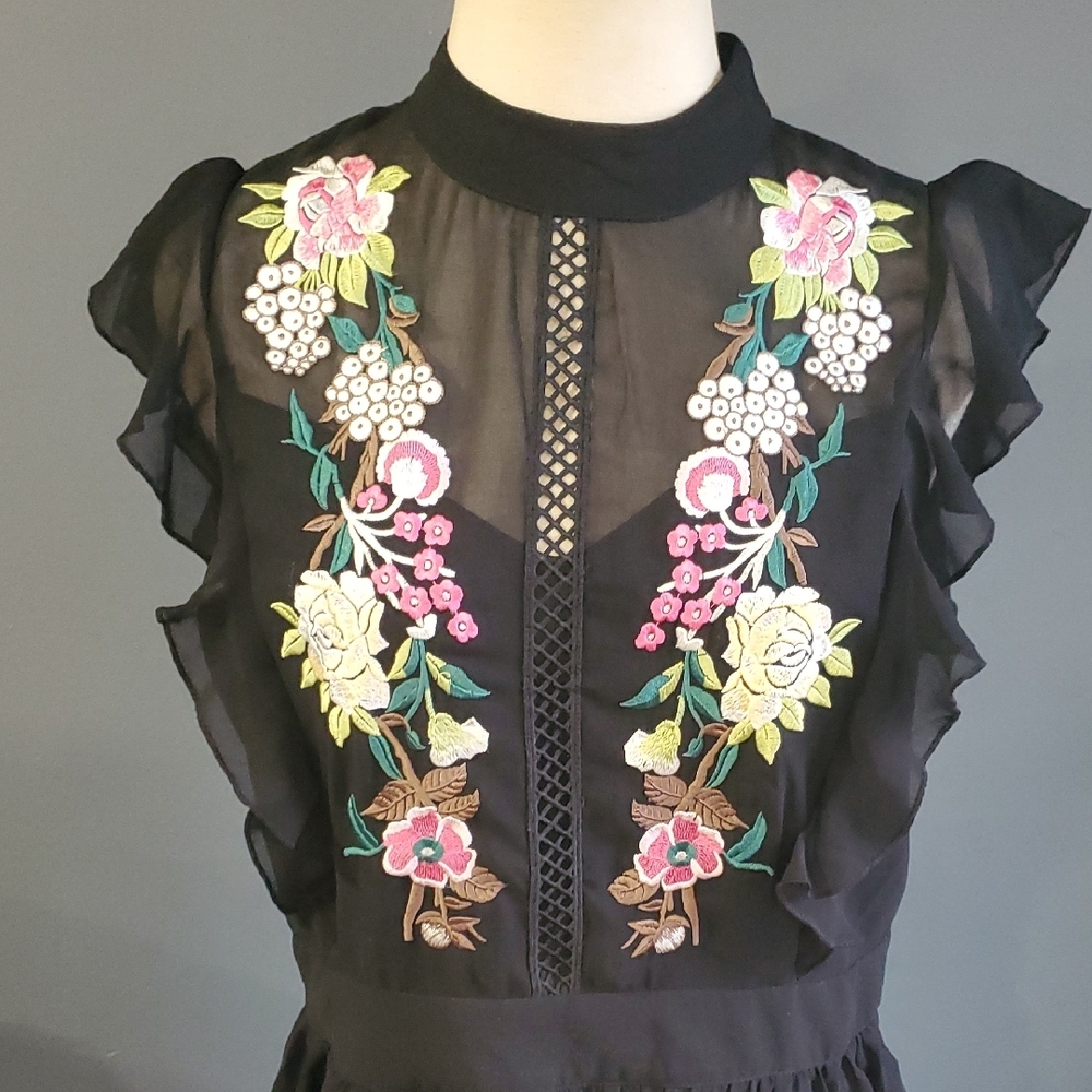 A.Moss Johnny Was Inspired Black Ruffled Tiered Mini Dress Mock Neck - Picture 3 of 17